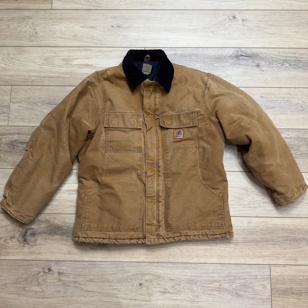 Vintage Carhartt Arctic Jacket Chore Tan Duck‎ Canvas Corduroy Collar Quilted L